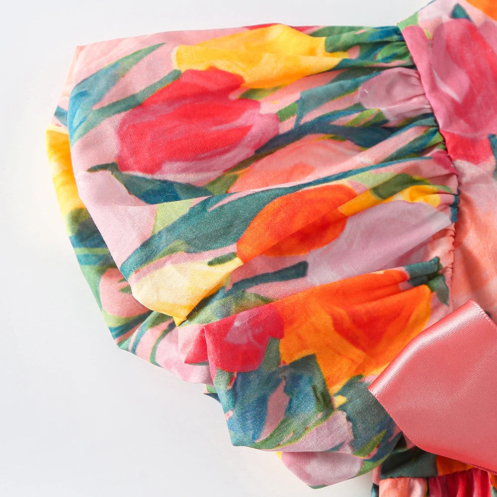 2PCS 0-2Y Baby Clothes Full of Tulip Toddler Girls Bodysuit One Piece Puff Sleeve Girls Clothes with Headband Infant Outfit