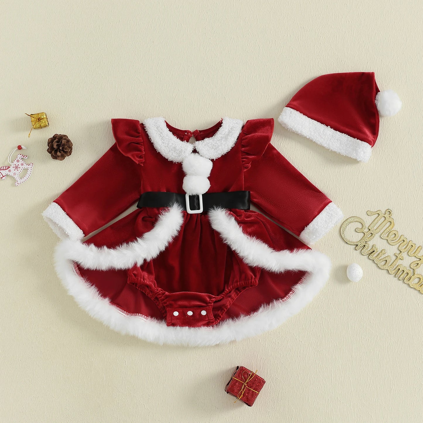 Citgeett Winter Christmas Infant Baby Girls Bodysuit Dress Plush Patchwork Long Sleeve Jumpsuits Cute Santa Hat Set Outfits