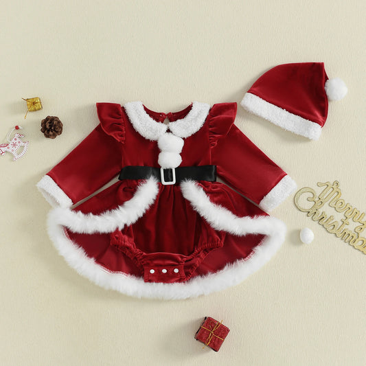 Citgeett Winter Christmas Infant Baby Girls Bodysuit Dress Plush Patchwork Long Sleeve Jumpsuits Cute Santa Hat Set Outfits