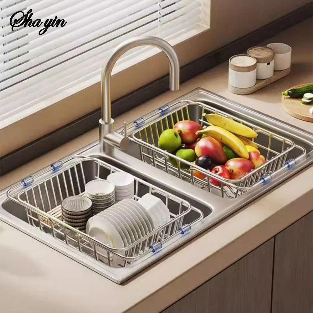 Household Stainless Steel Sink Drain Rack, Telescopic, Non-Slip, Dish Drying Rack, Kitchen, Bathroom, Countertop Organizer Rack