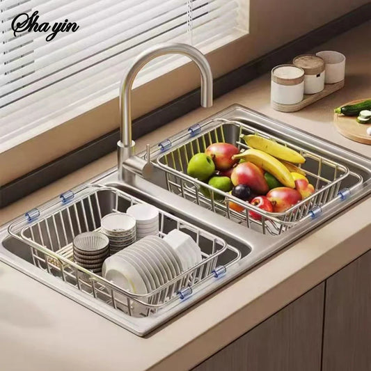 Household Stainless Steel Sink Drain Rack, Telescopic, Non-Slip, Dish Drying Rack, Kitchen, Bathroom, Countertop Organizer Rack