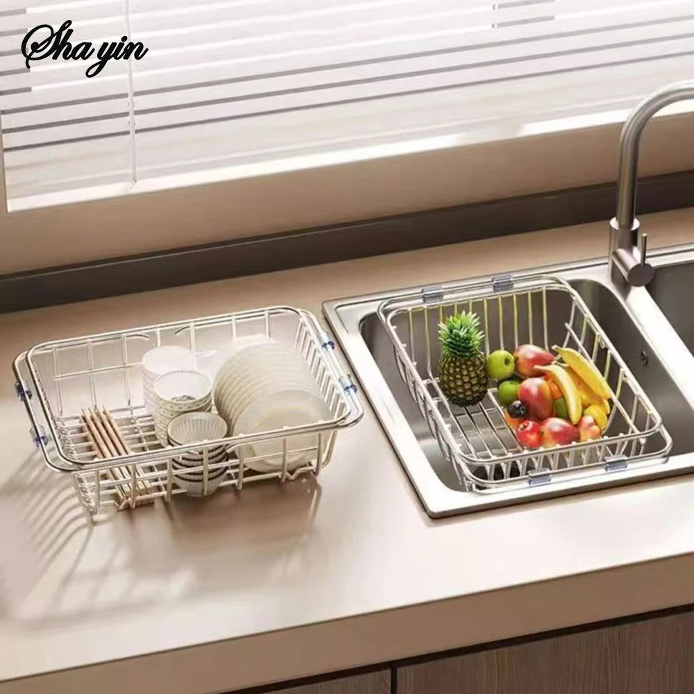 Household Stainless Steel Sink Drain Rack, Telescopic, Non-Slip, Dish Drying Rack, Kitchen, Bathroom, Countertop Organizer Rack