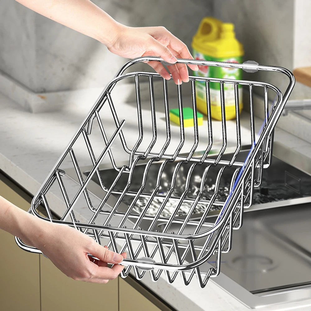 Household Stainless Steel Sink Drain Rack, Telescopic, Non-Slip, Dish Drying Rack, Kitchen, Bathroom, Countertop Organizer Rack