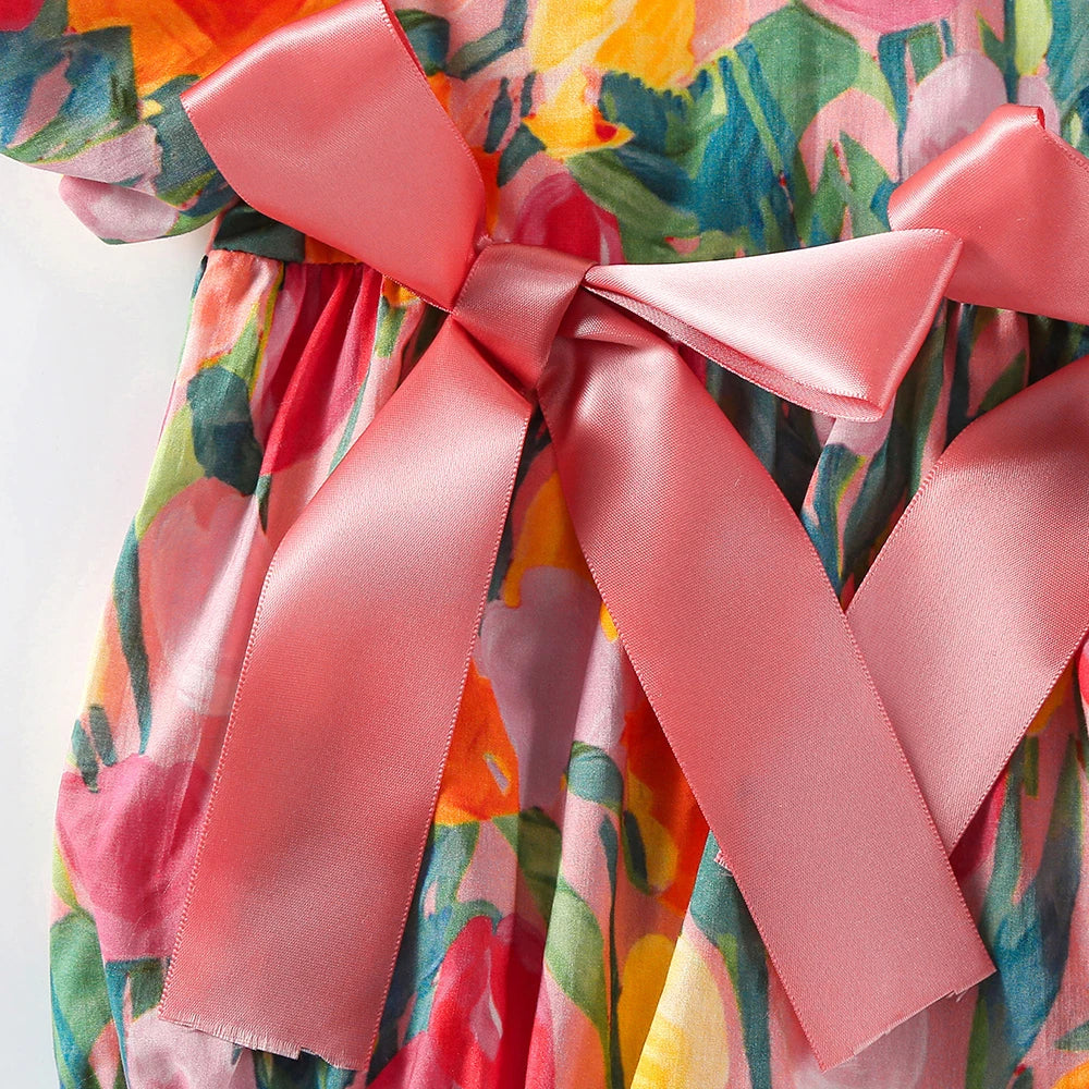 2PCS 0-2Y Baby Clothes Full of Tulip Toddler Girls Bodysuit One Piece Puff Sleeve Girls Clothes with Headband Infant Outfit