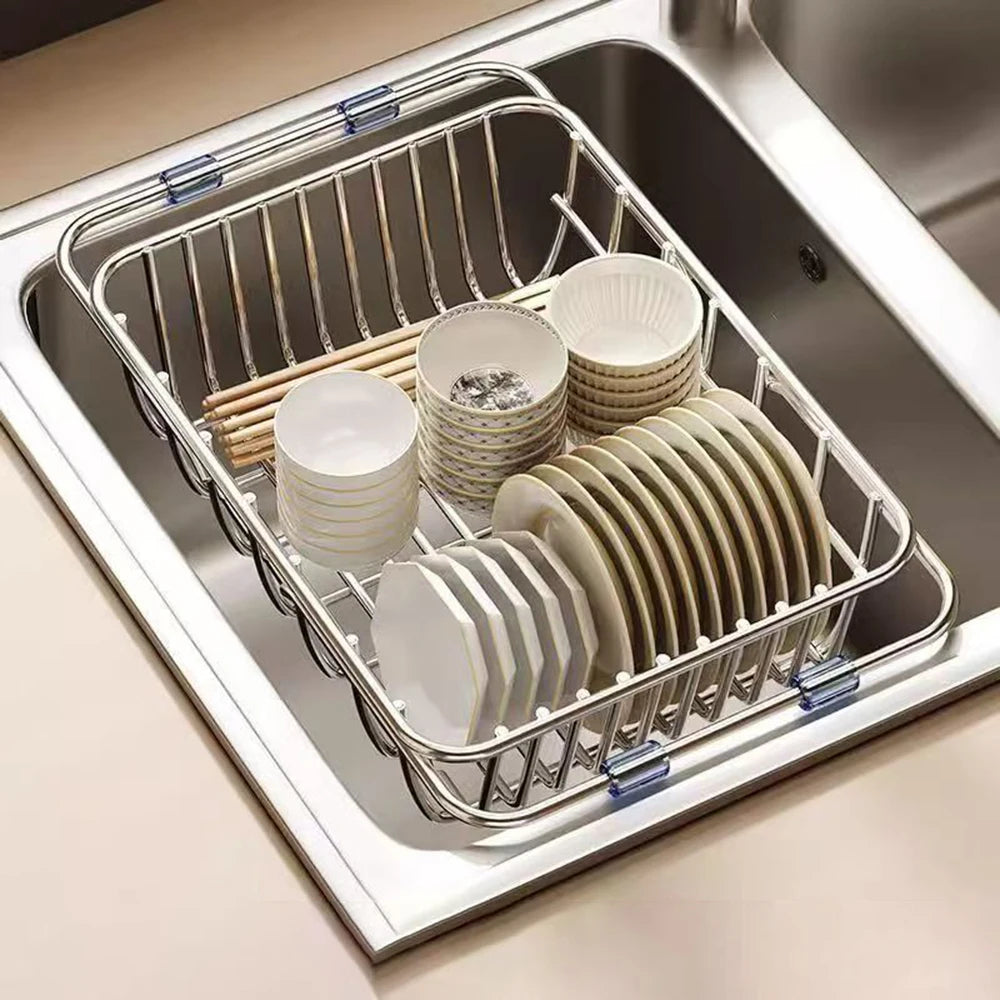 Household Stainless Steel Sink Drain Rack, Telescopic, Non-Slip, Dish Drying Rack, Kitchen, Bathroom, Countertop Organizer Rack