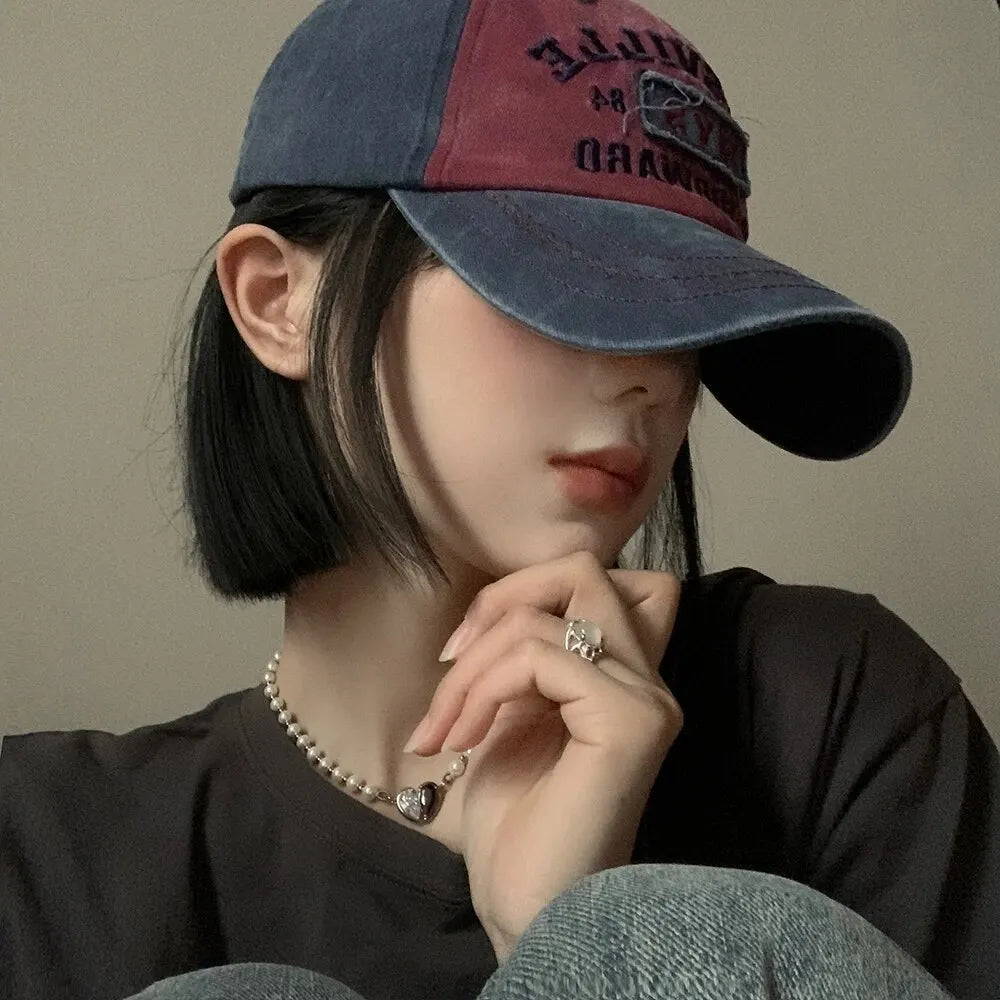 American Retro Baseball Hat Women's Soft Top Letter Washed Cowboy Duck Tongue Hat Wide Brim Big Head Surrounding Face Small Hat