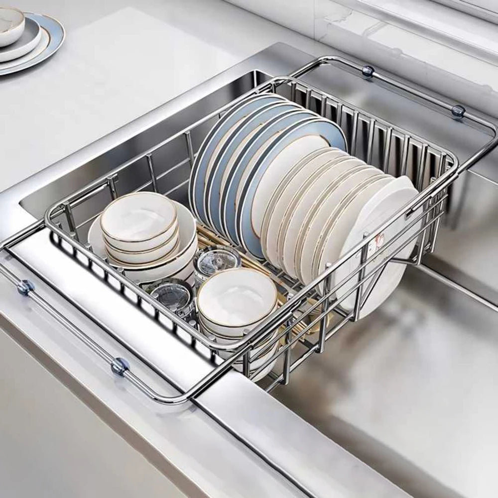 Household Stainless Steel Sink Drain Rack, Telescopic, Non-Slip, Dish Drying Rack, Kitchen, Bathroom, Countertop Organizer Rack