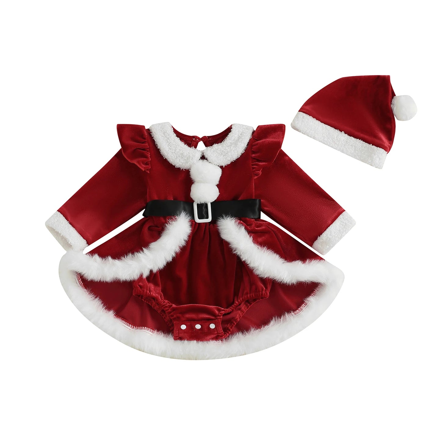 Citgeett Winter Christmas Infant Baby Girls Bodysuit Dress Plush Patchwork Long Sleeve Jumpsuits Cute Santa Hat Set Outfits