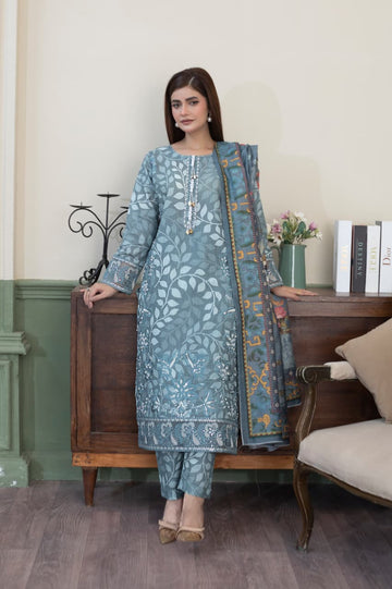 Blue Khaddar 3-Piece Suit for Women – Premium Quality, Warm Fabric, Stunning Print for Winter Season
